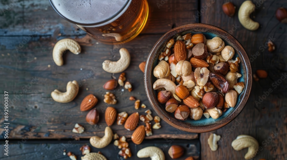 Mixed nuts in a bowl beer and nutritious snack top down perspective Mixed nuts in a bowl beer and nutritious snack top down perspective
