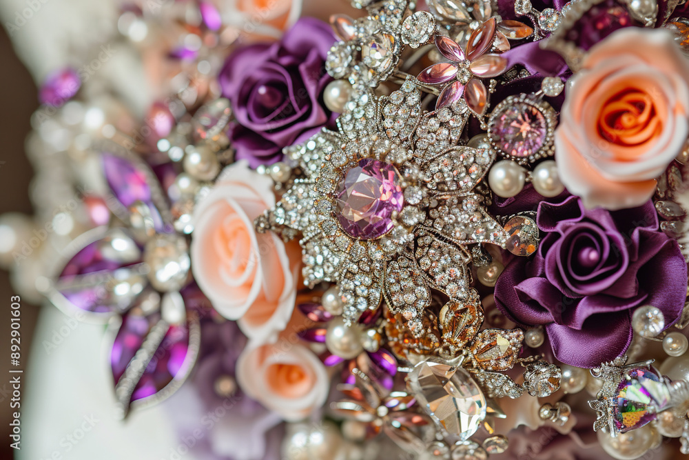 Boho Chic Brooch Bouquet with Vibrant Floral and Jewels Close Up Boho Chic Brooch Bouquet with Vibrant Floral and Jewels Close Up