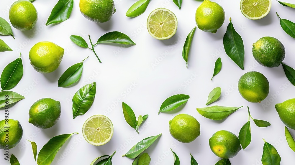 Fresh green limes and leaves on white background with organic concept Fresh green limes and leaves on white background with organic concept