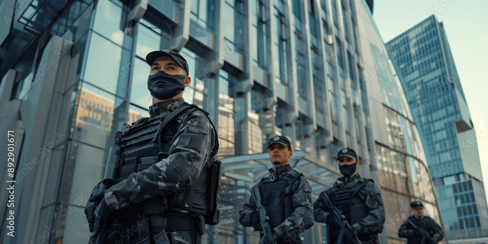 Urban security forces in tactical gear standing guard outside a modern glass building, ensuring public safety and readiness.
Urban security forces in tactical gear standing guard outside a modern glass building, ensuring public safety and readiness.