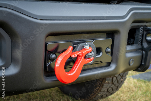front bumper with a winch of offroad SUV, camper van or truck