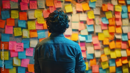 A creative brainstorming session with sticky notes on a wall