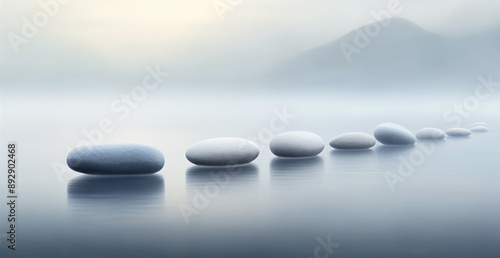 Zen & Mindfulness. Stepping Stones to Serenity. White Stones Form a Path Across a Misty Lake, Inviting Contemplation and Mindfulness.