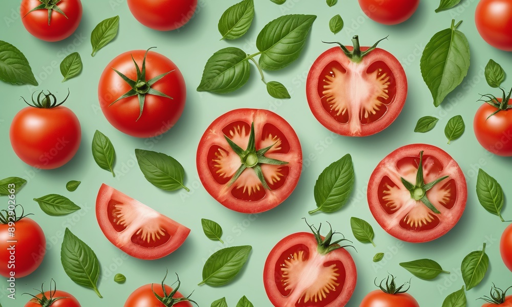 Tomato with half slices falling or floating in the air with green leaves isolated on background Tomato with half slices falling or floating in the air with green leaves isolated on background