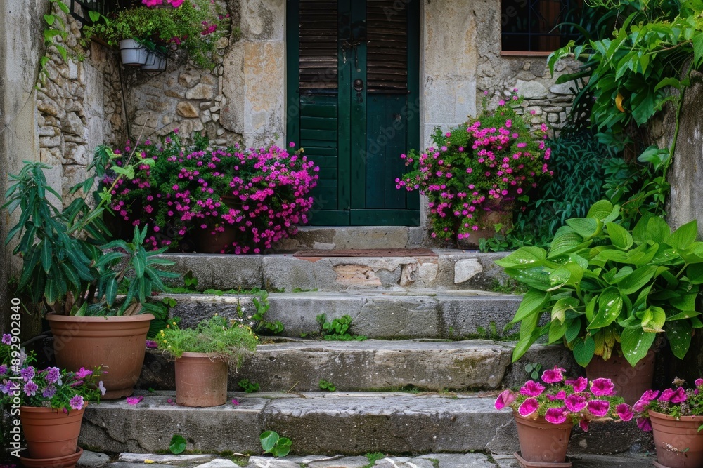 Naklejka premium Picturesque stone entrance with a green door, flanked by vibrant pink and green potted plants