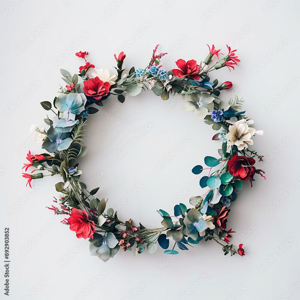 minimalist flowers wreath, red blue and white background minimalist flowers wreath, red blue and white background