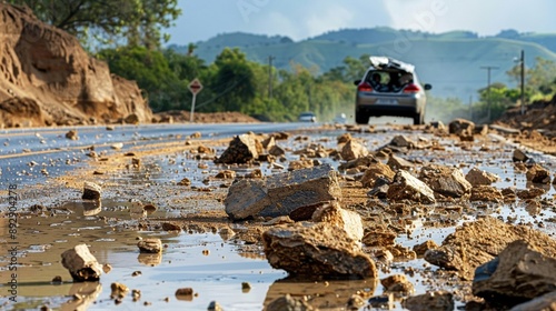 Highway with fallen rocks, debris on road, cautionary scene photo