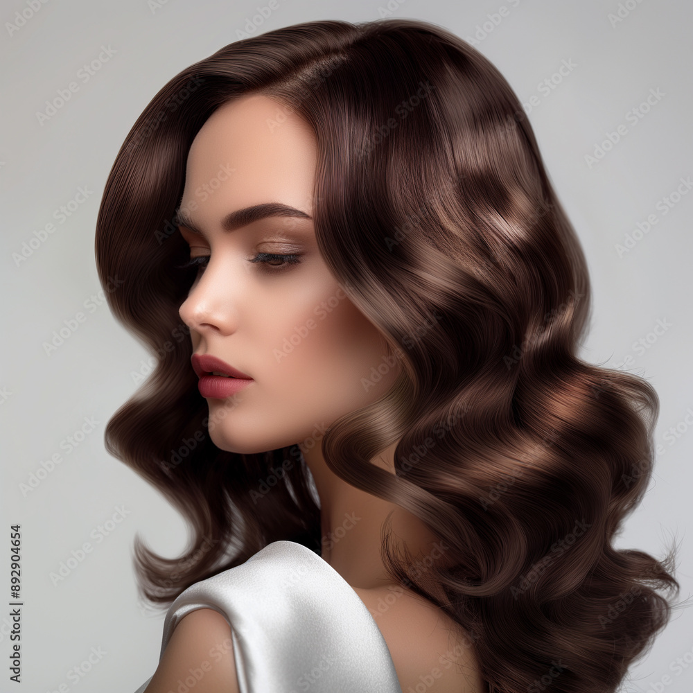 Beautiful woman with long wavy brown hair and natural makeup, studio portrait, fashion and beauty concept, elegant model, glamorous look, professional hairstyle, stylish elegance, high-quality photo Beautiful woman with long wavy brown hair and natural makeup, studio portrait, fashion and beauty concept, elegant model, glamorous look, professional hairstyle, stylish elegance, high-quality photo