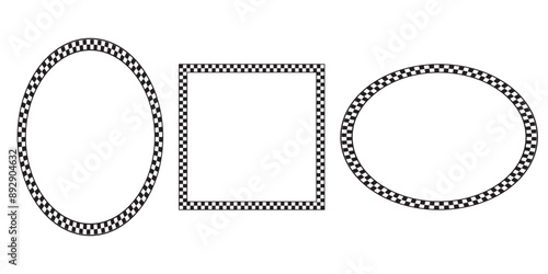 Set of frames with black and white squares checkered print. Oval and square forms with checkerboard, race flag or chess plane pattern. Geometric frameworks. Vector graphic illistration