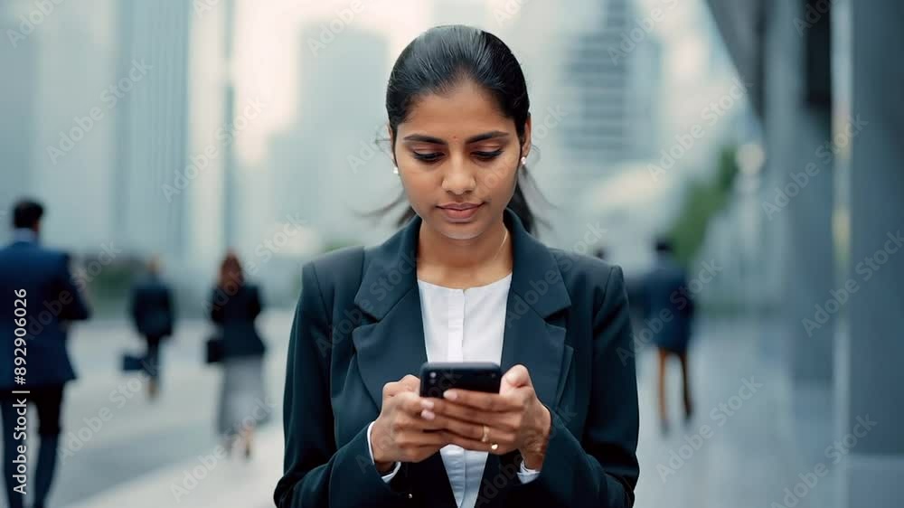 Business woman walking street texting on phone Business woman walking street texting on phone