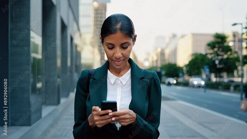 Business woman walking street texting on phone Business woman walking street texting on phone