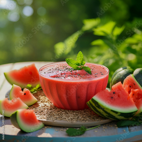 Watermelon smoothie bowl, garnished with minth. Sunny, outdoor background photo