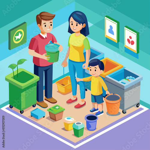 Isometric illustration of a family recycling at home with various bins, promoting eco-friendly habits and waste segregation.