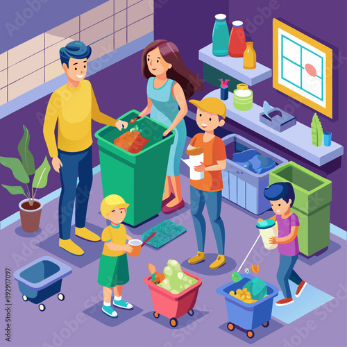 Isometric illustration of a family recycling in their home, promoting eco-friendly habits and waste management.