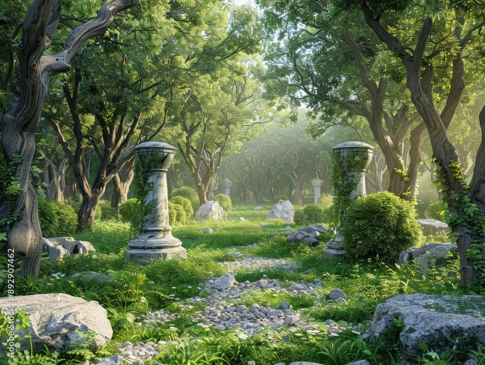 A serene forest glade 3D carved from marble, stone on the background, A serene forest glade 3D carved from marble, stone on the background,