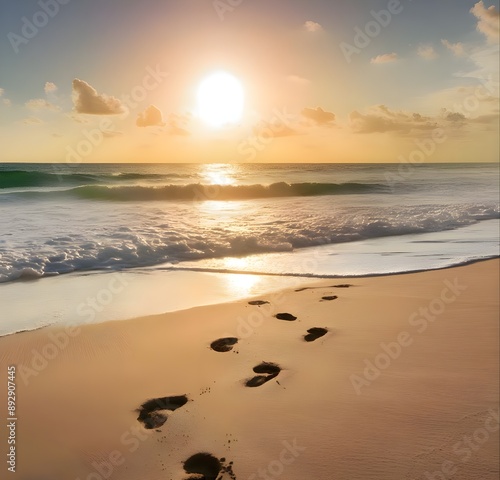 Wide background with sunrise over Juno Beach, Florida, sunlight reflecting in the sea photo