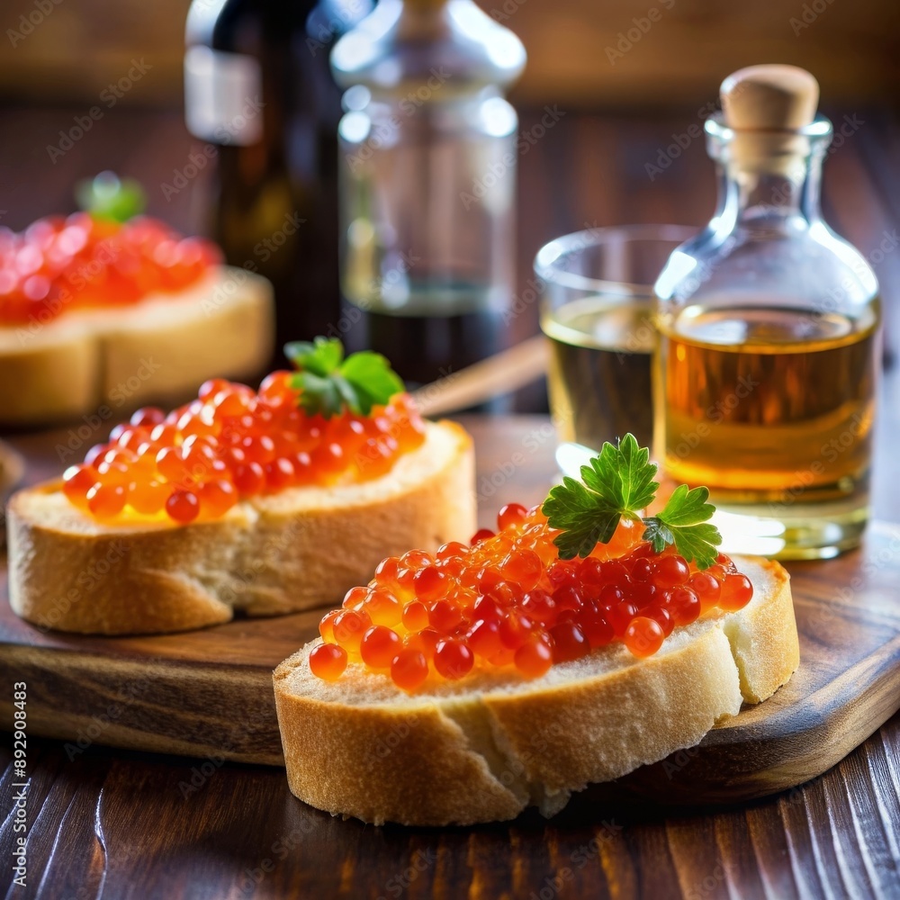 Close-up of bread slices topped with red caviar, garnished with parsley, and served with a glass of liquor on a wooden table. Close-up of bread slices topped with red caviar, garnished with parsley, and served with a glass of liquor on a wooden table.