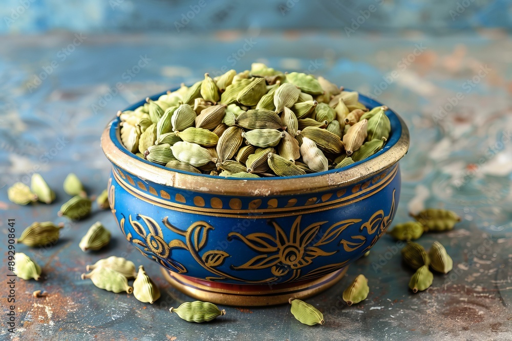 Vibrant green cardamom pods in an ornate blue and gold bowl against an artistic backdrop Vibrant green cardamom pods in an ornate blue and gold bowl against an artistic backdrop
