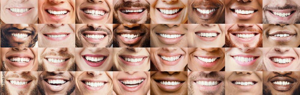 Panoramic collage of multiracial toothy people smiles, oral care and stomatology concept Panoramic collage of multiracial toothy people smiles, oral care and stomatology concept