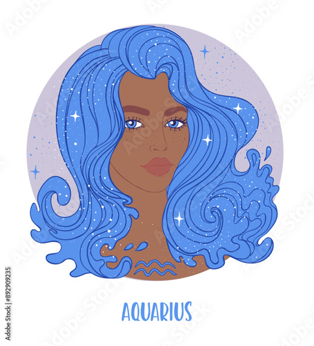 Illustration of Aquarius astrological sign as a beautiful African American gi...