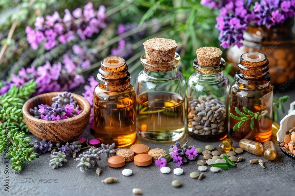 A still life of essential oils herbal supplements and lavender flowers A still life of essential oils herbal supplements and lavender flowers