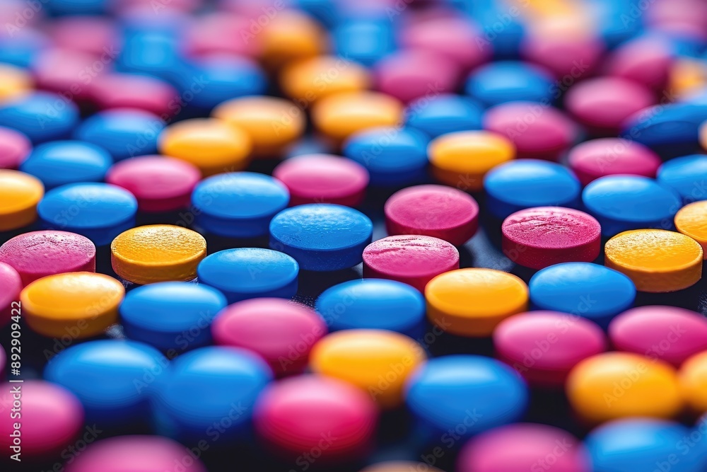 Colorful pills arranged in a closeup shot showcasing their vibrant hues and rounded forms Colorful pills arranged in a closeup shot showcasing their vibrant hues and rounded forms