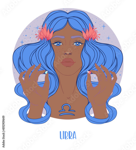 Illustration of Libra astrological sign as a beautiful African American girl....