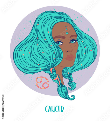 Illustration of Cancer astrological sign as a beautiful African American girl...