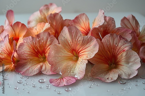 A closeup of delicate flower petals covered in dew drops creating a soft and calming aesthetic