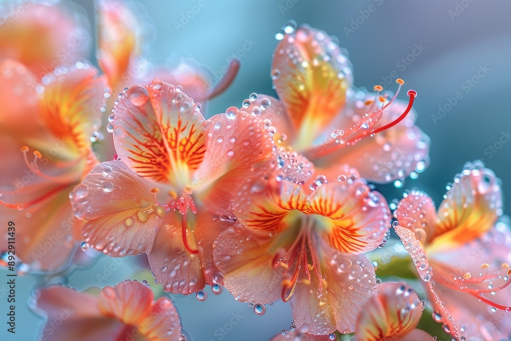 A close up image of a delicate pink flower with dew drops on the petals A close up image of a delicate pink flower with dew drops on the petals