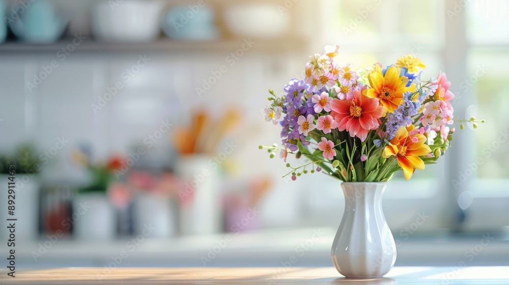 Vase with large multicolored flower bouquet on kitchen counter, blurred modern white kitchen background. Home decor. Mother's Day. Vase with large multicolored flower bouquet on kitchen counter, blurred modern white kitchen background. Home decor. Mother's Day.