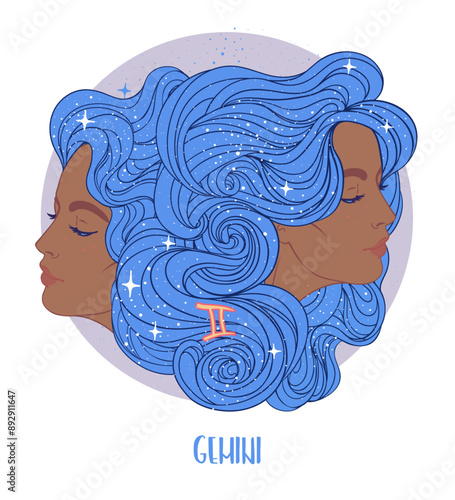 Illustration of Gemini astrological sign as a beautiful African American girl...