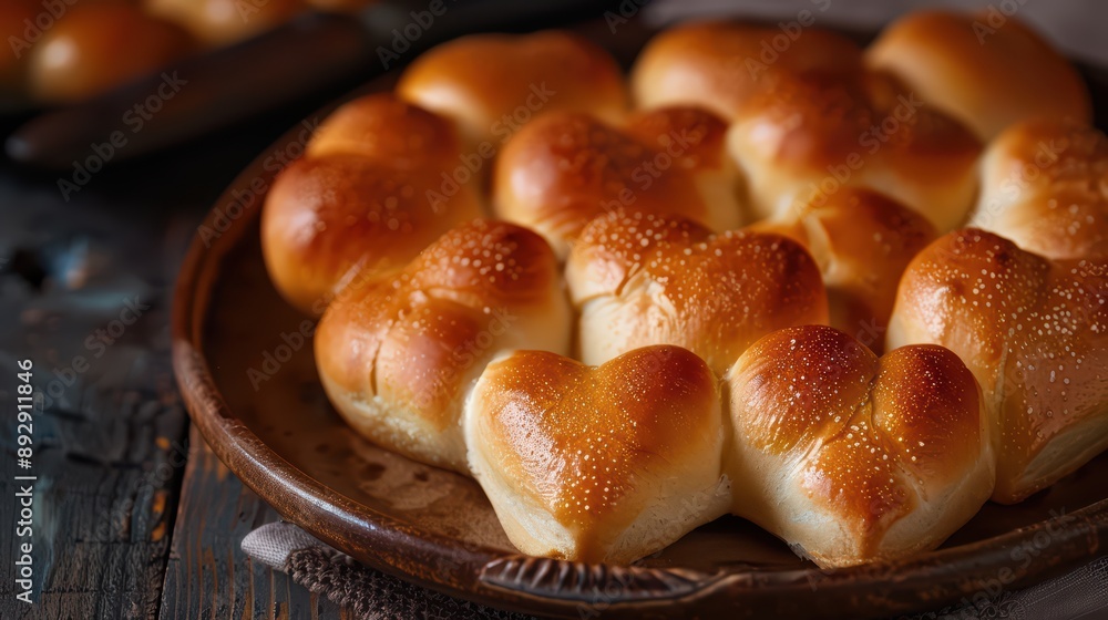 A delightful photograph of heart-shaped bread rolls, warm and golden A delightful photograph of heart-shaped bread rolls, warm and golden
