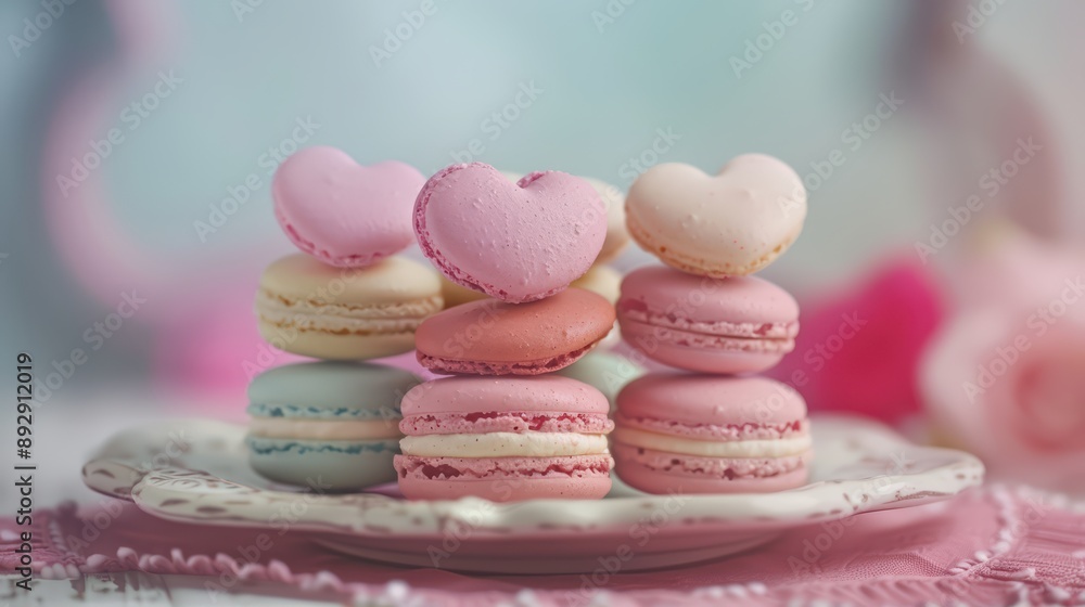 A delightful photograph of heart-shaped macarons in pastel colors A delightful photograph of heart-shaped macarons in pastel colors