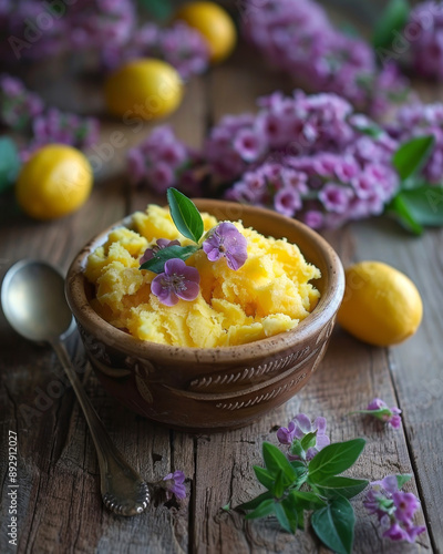 Delicious Pesche Caramellate con Gelato alla Vaniglia, a perfect dessert combination photo