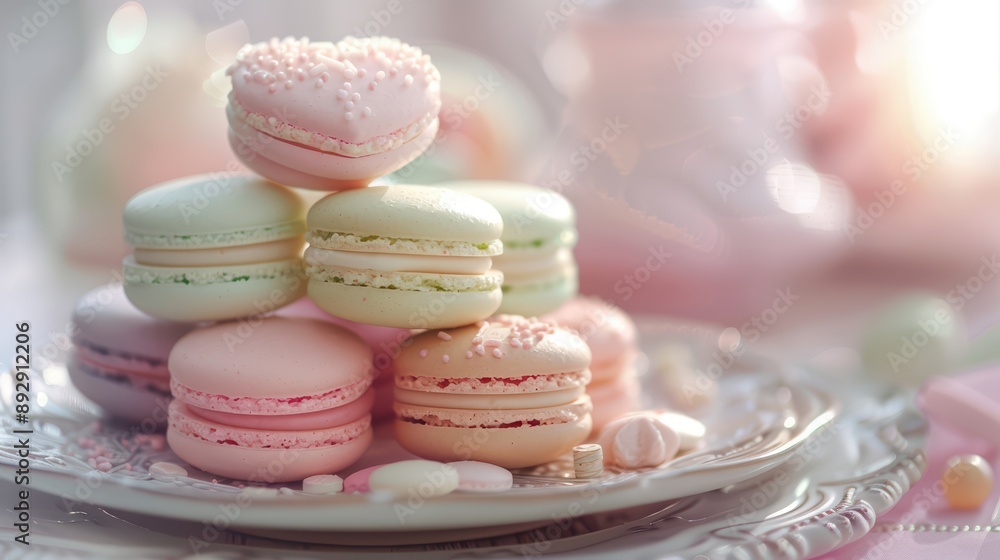 A delightful photograph of heart-shaped macarons in pastel colors A delightful photograph of heart-shaped macarons in pastel colors