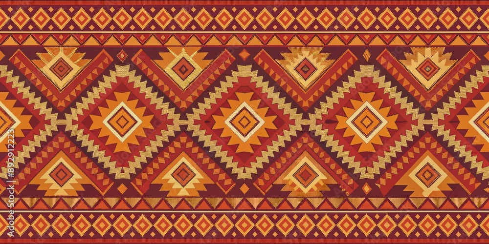 Aztec pattern with autumnal hues of burnt orange, deep red, and mustard, featuring geometric shapes for cozy fall textiles Aztec pattern with autumnal hues of burnt orange, deep red, and mustard, featuring geometric shapes for cozy fall textiles