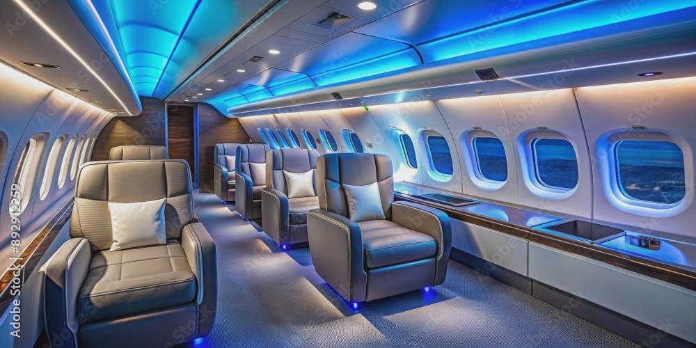 Fototapeta premium Modern airplane cabin with comfortable seating, mood lighting, and elegant design , luxury, travel, aircraft