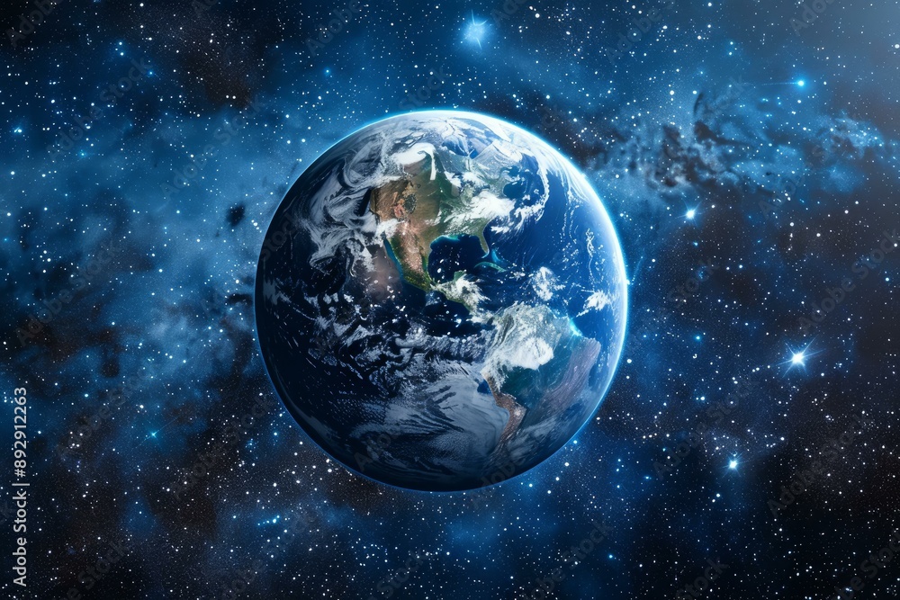 Obraz premium Majestic view of the earth from outer space surrounded by stars and galaxies. Showcasing the beauty of our planet within the vast universe and cosmos. A celestial body in the solar system