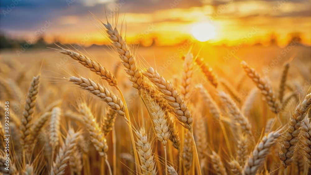 Close-up of golden grain ears in a field during sunset, agriculture, harvest, summer, crops, farming, nature, growth, organic, healthy Close-up of golden grain ears in a field during sunset, agriculture, harvest, summer, crops, farming, nature, growth, organic, healthy