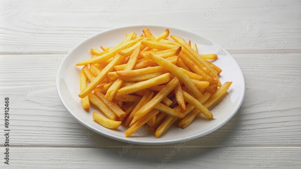 Crispy and golden french fries on a white plate, french fries, snack, fast food, side dish, delicious, unhealthy, deep fried Crispy and golden french fries on a white plate, french fries, snack, fast food, side dish, delicious, unhealthy, deep fried