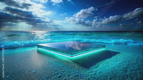 Futuristic floating enantiomorph sea glass platform with underwater luminous glow in deep blue Caribbean beach photo