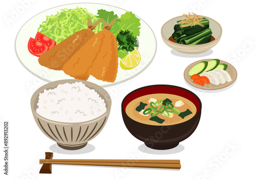揚げ物_アジフライ定食（アジフライランチ）背景白