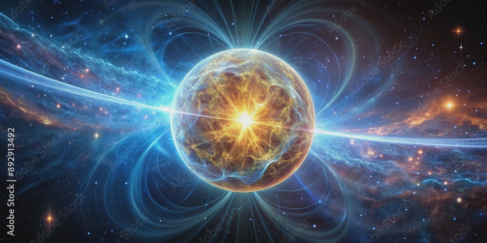 Realistic rendering of a neutron star with intense magnetic fields and high energy radiation, neutron star Realistic rendering of a neutron star with intense magnetic fields and high energy radiation, neutron star
