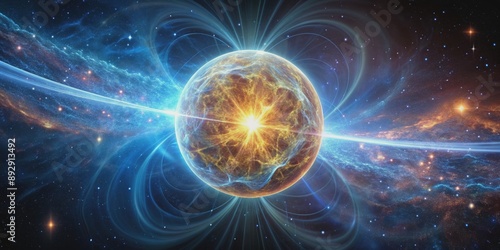 Realistic rendering of a neutron star with intense magnetic fields and high energy radiation, neutron star