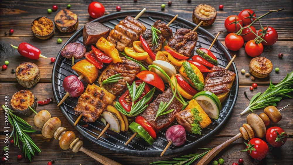 Tender Asian BBQ grilled meat and vegetables , Asian, BBQ, grilled, meat, vegetables, cooking, outdoor, delicious, juicy, savory Tender Asian BBQ grilled meat and vegetables , Asian, BBQ, grilled, meat, vegetables, cooking, outdoor, delicious, juicy, savory