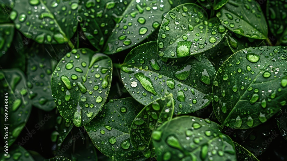 A detailed shot of raindrops on green leaves A detailed shot of raindrops on green leaves