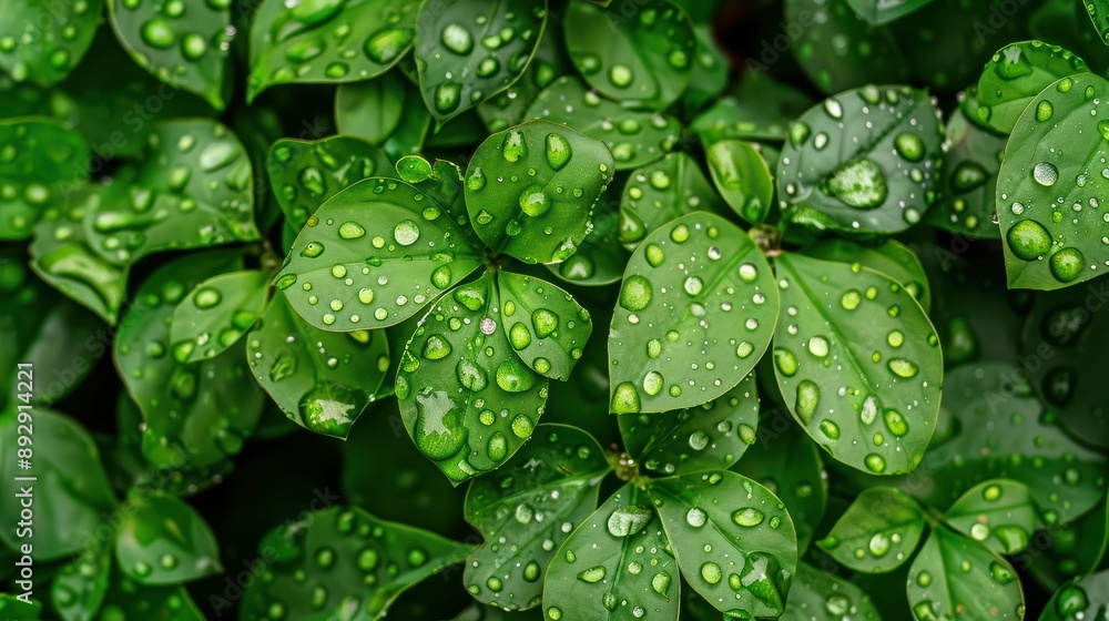 A detailed shot of raindrops on green leaves A detailed shot of raindrops on green leaves