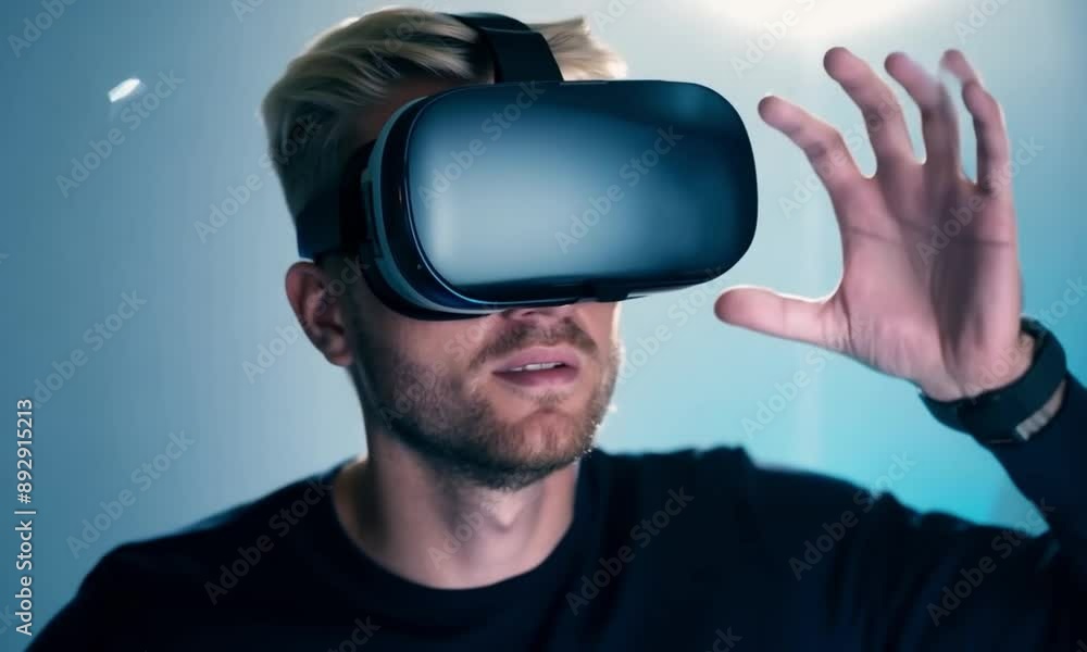 Man wearing virtual reality headset with hand raised, experiencing immersive technology in a modern setting Man wearing virtual reality headset with hand raised, experiencing immersive technology in a modern setting