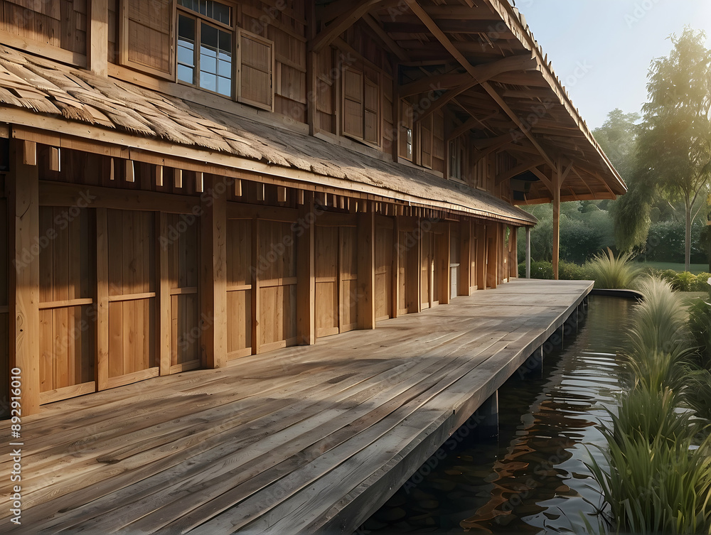 Wooden building and pier by the water during sunrise Wooden building and pier by the water during sunrise